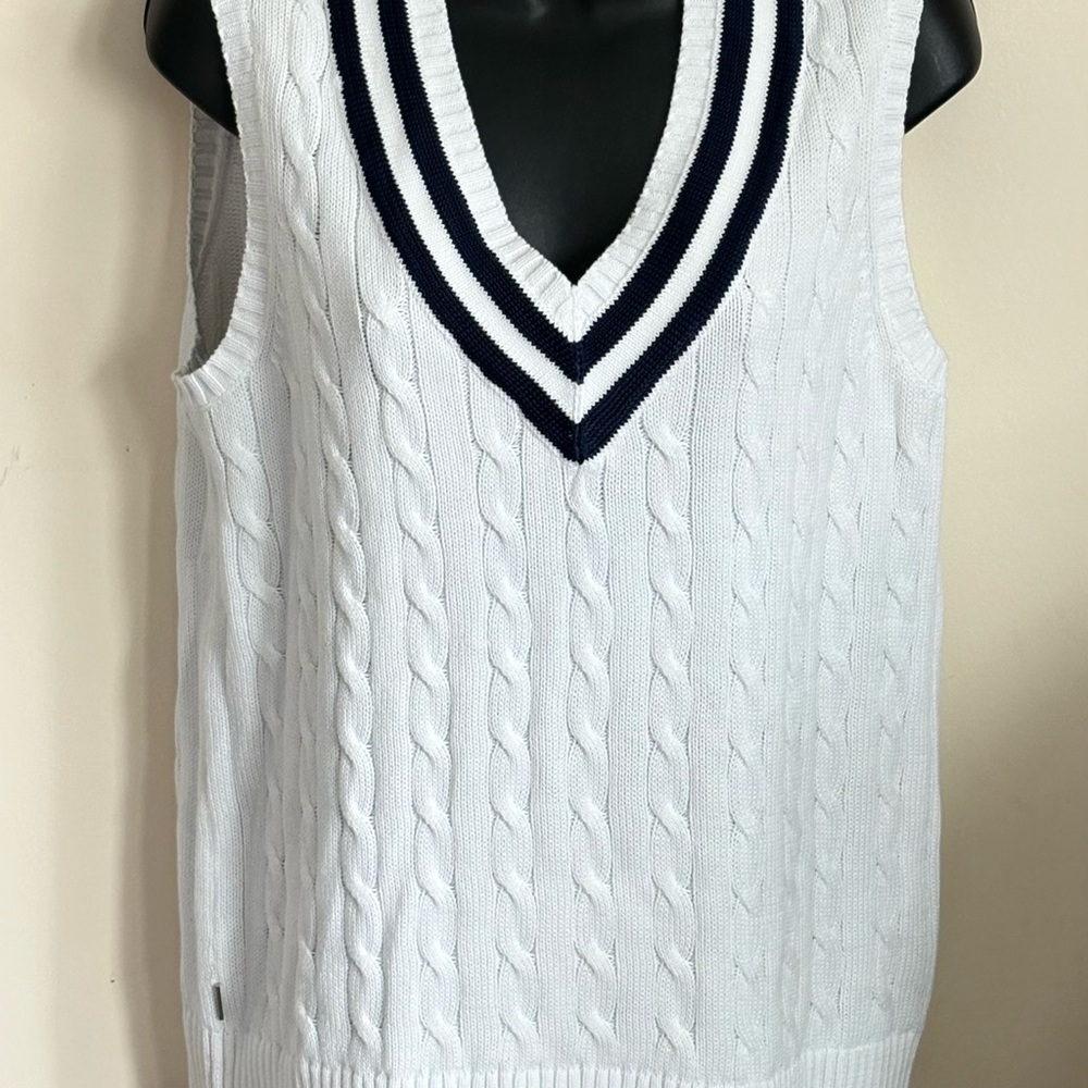 Lauren Ralph Lauren Large White Cable Knit Sweater Vest with Navy Trim.